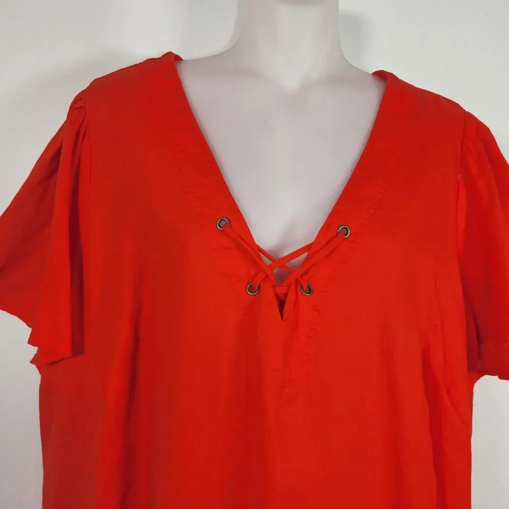 Knox Rose Womens Top XXL Orange V Neck Lace Up Flutter Short Sleeve Boho Casual